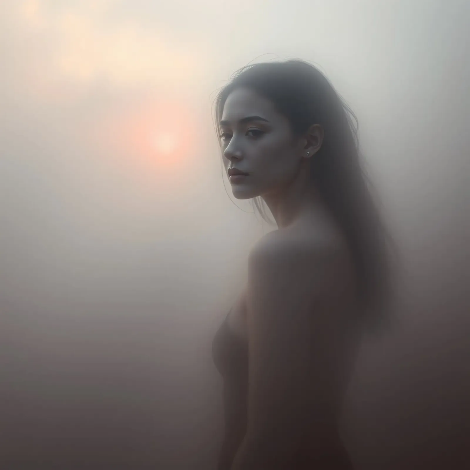 Una donna in piedi in un paesaggio nebbioso all'alba pellicola backlit da DesignDoodle