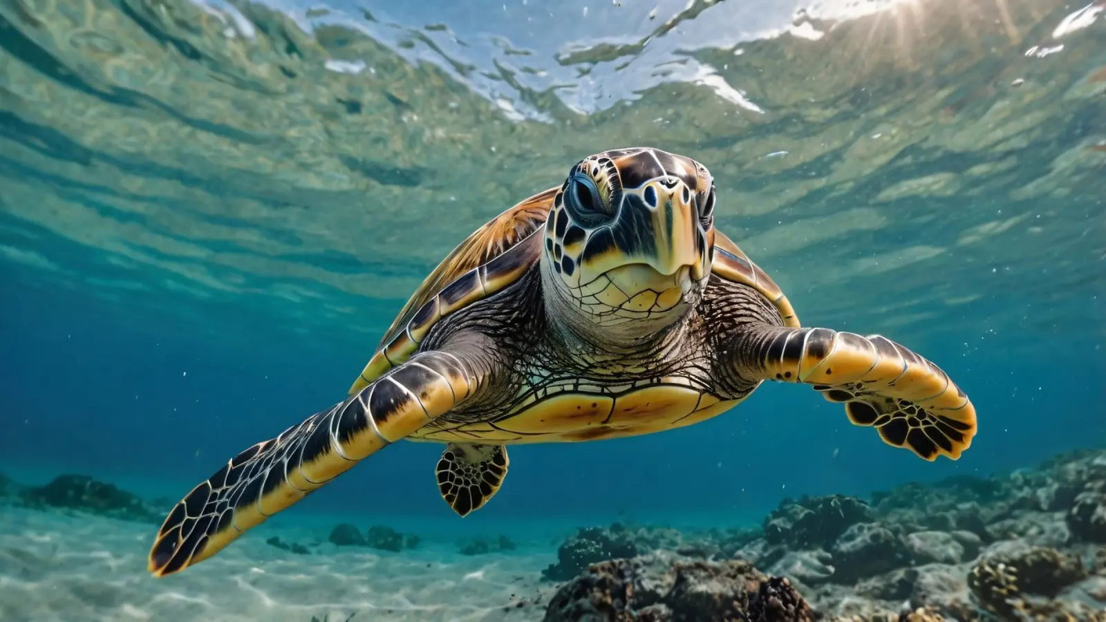 A sea turtle gliding gracefully through clear blue waters canvas by DesignDoodle