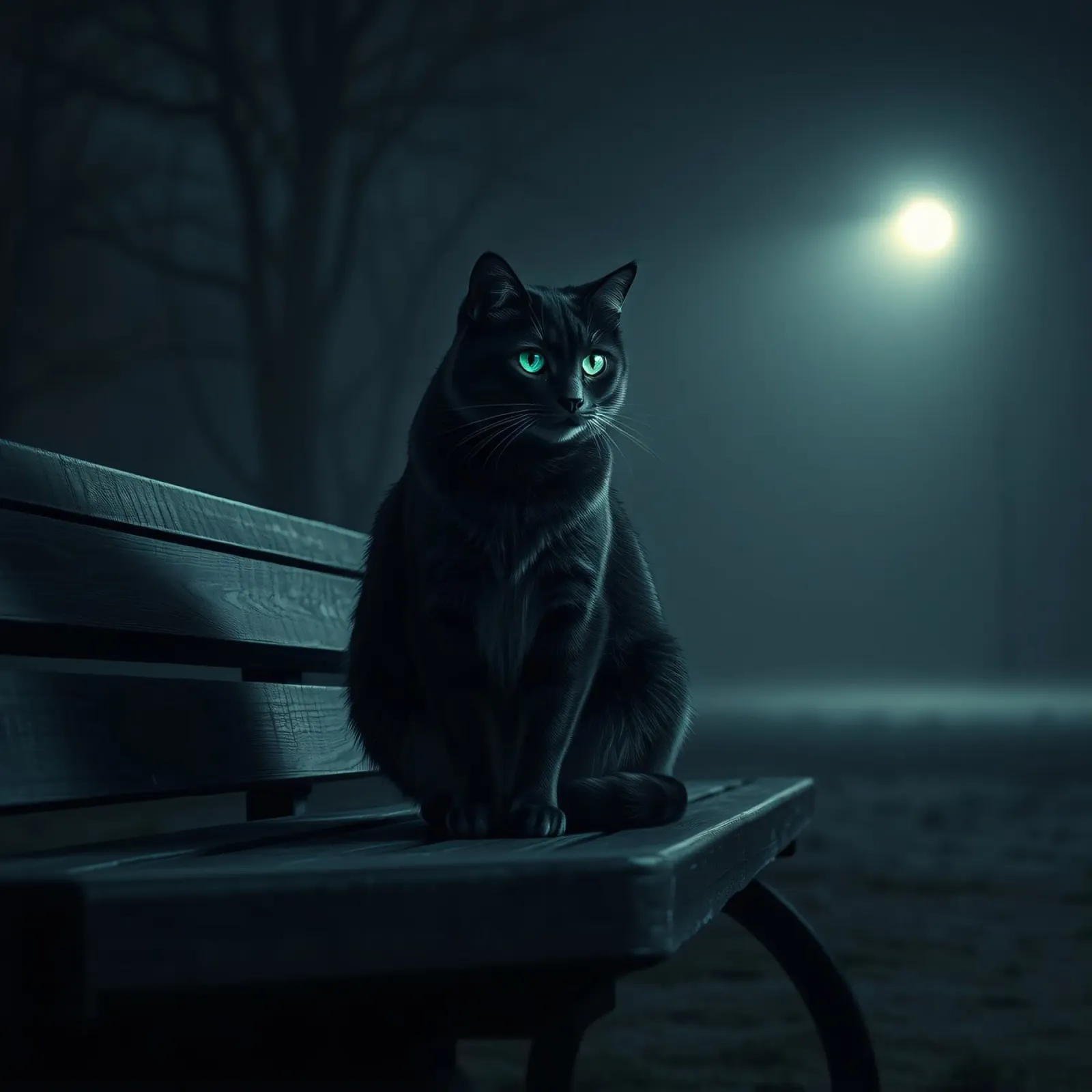 Un gatto nero appollaiato su una panchina del parco sotto un lampione poster con telaio in plastica da DesignDoodle