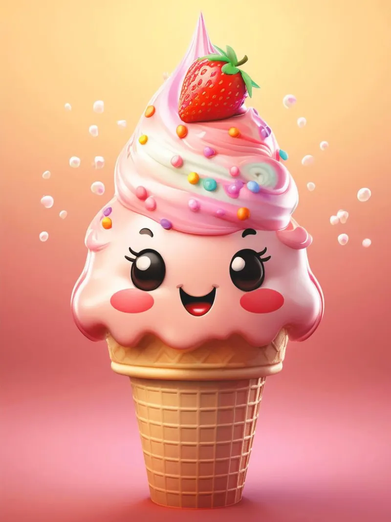 Kawaii Strawberry Ice Cream Delight poster con telaio in alluminio da Hightown Design