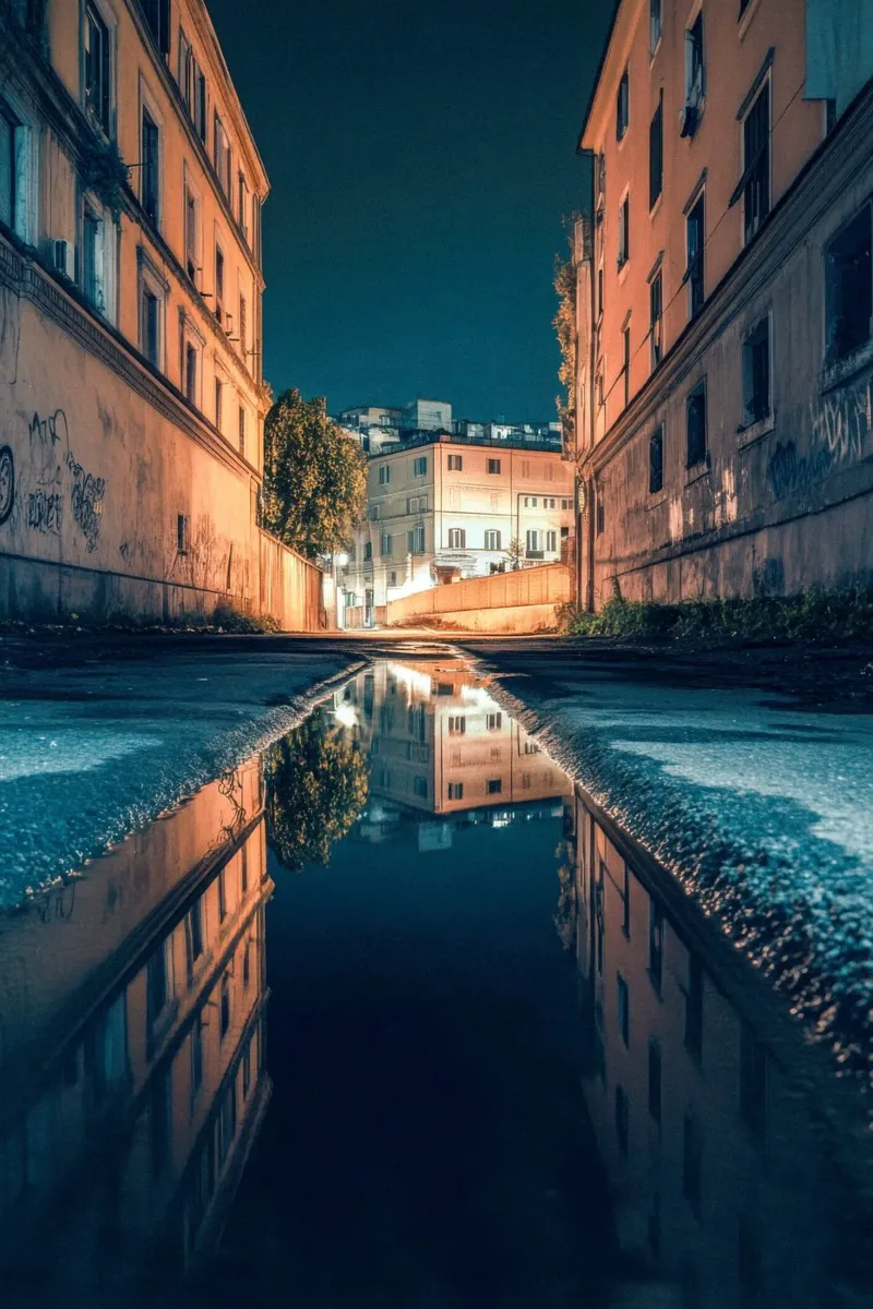 Riflessi di Roma: La bellezza nascosta delle strade poster con telaio in legno da By Night