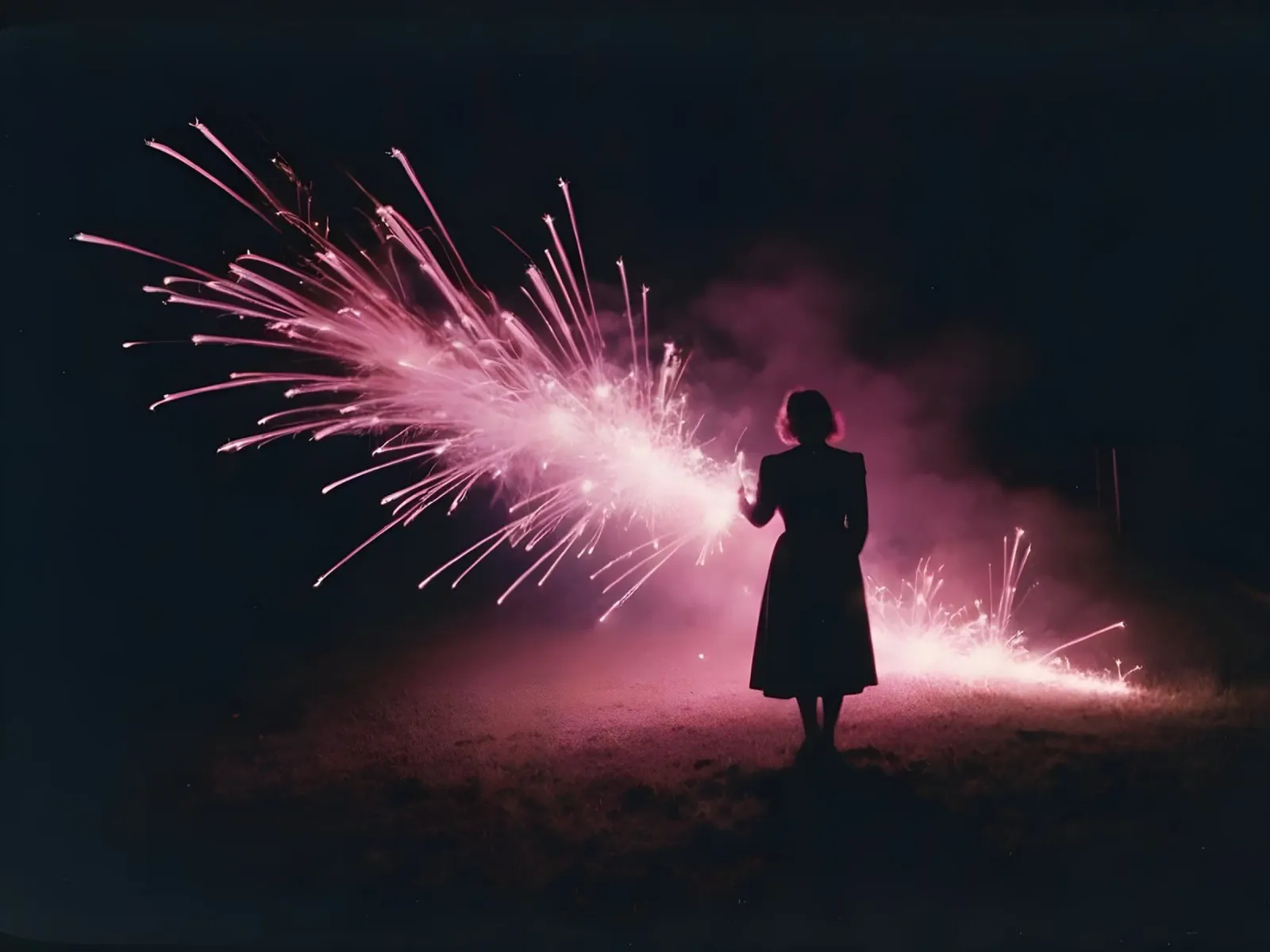 silhouette di una ragazza in piedi davanti a fuochi d'artificio rosa pellicola backlit da serinae