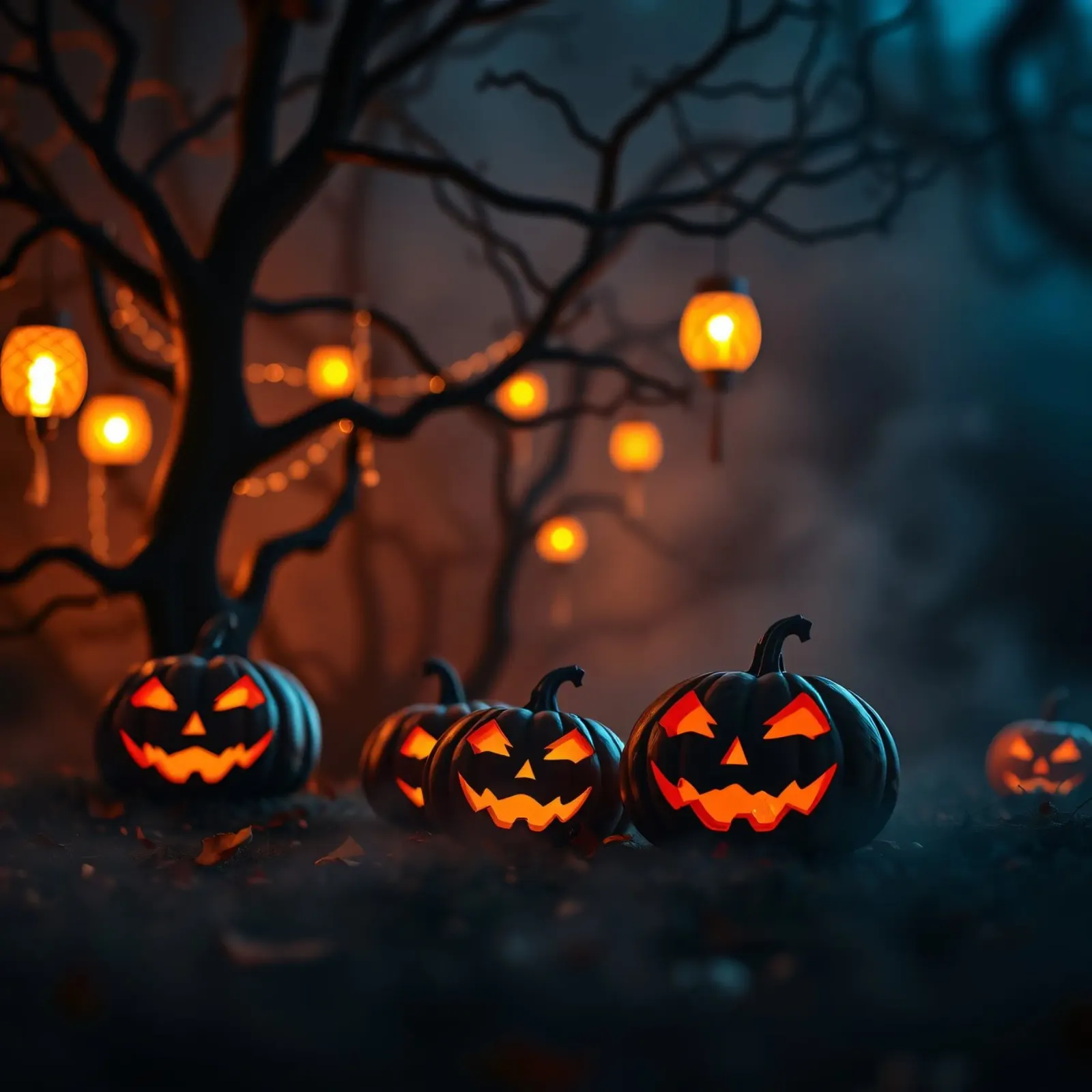 Zucche di Halloween che brillano al buio sotto la luce delle lanterne poster con telaio in legno da DesignDoodle