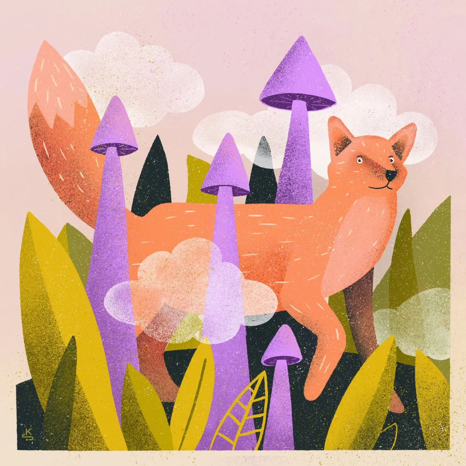 Volpe curiosa tra piante, funghi e nuvole poster da Bold & Beautiful