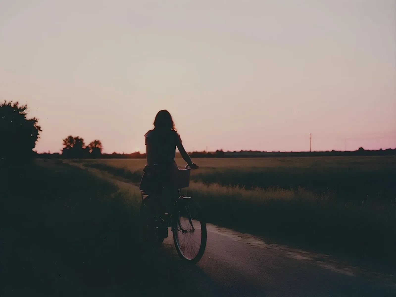 silhouette di una ragazza in bicicletta su una strada di campagna poster con telaio in legno da serinae