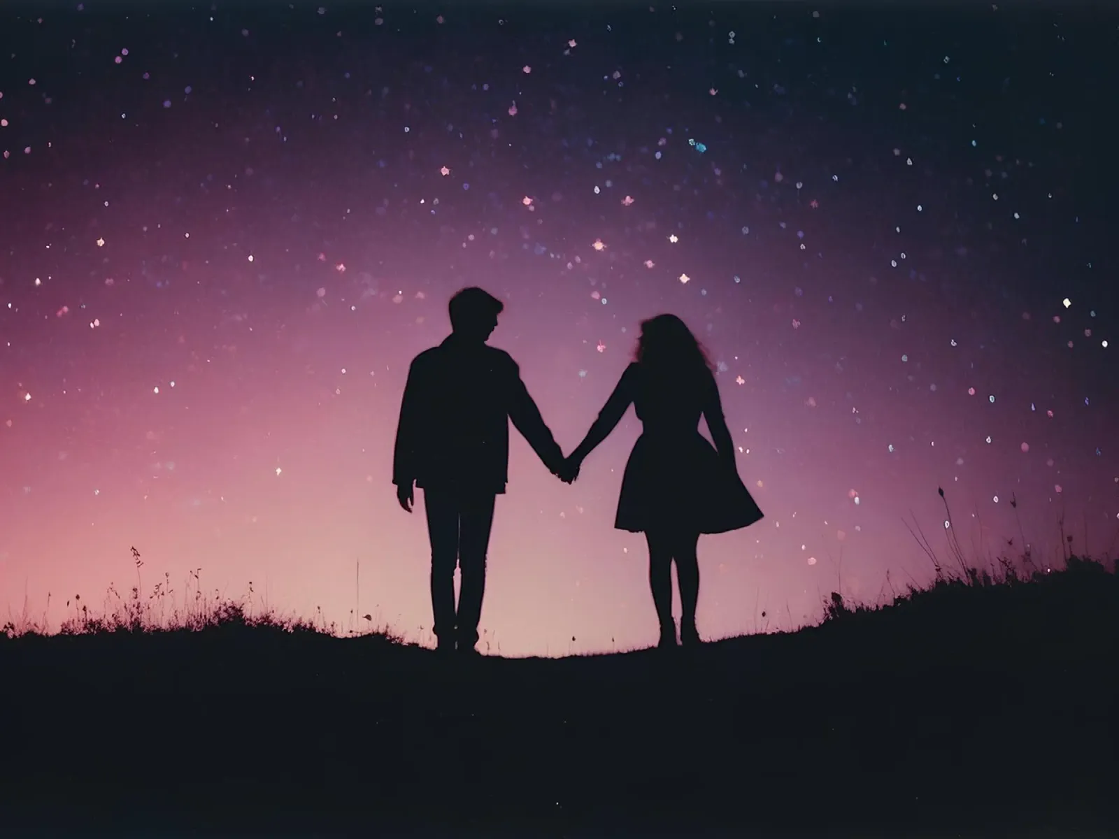 silhouette d'un couple se tenant par la main sous un ciel étoilé poster avec cadre en plastique de serinae