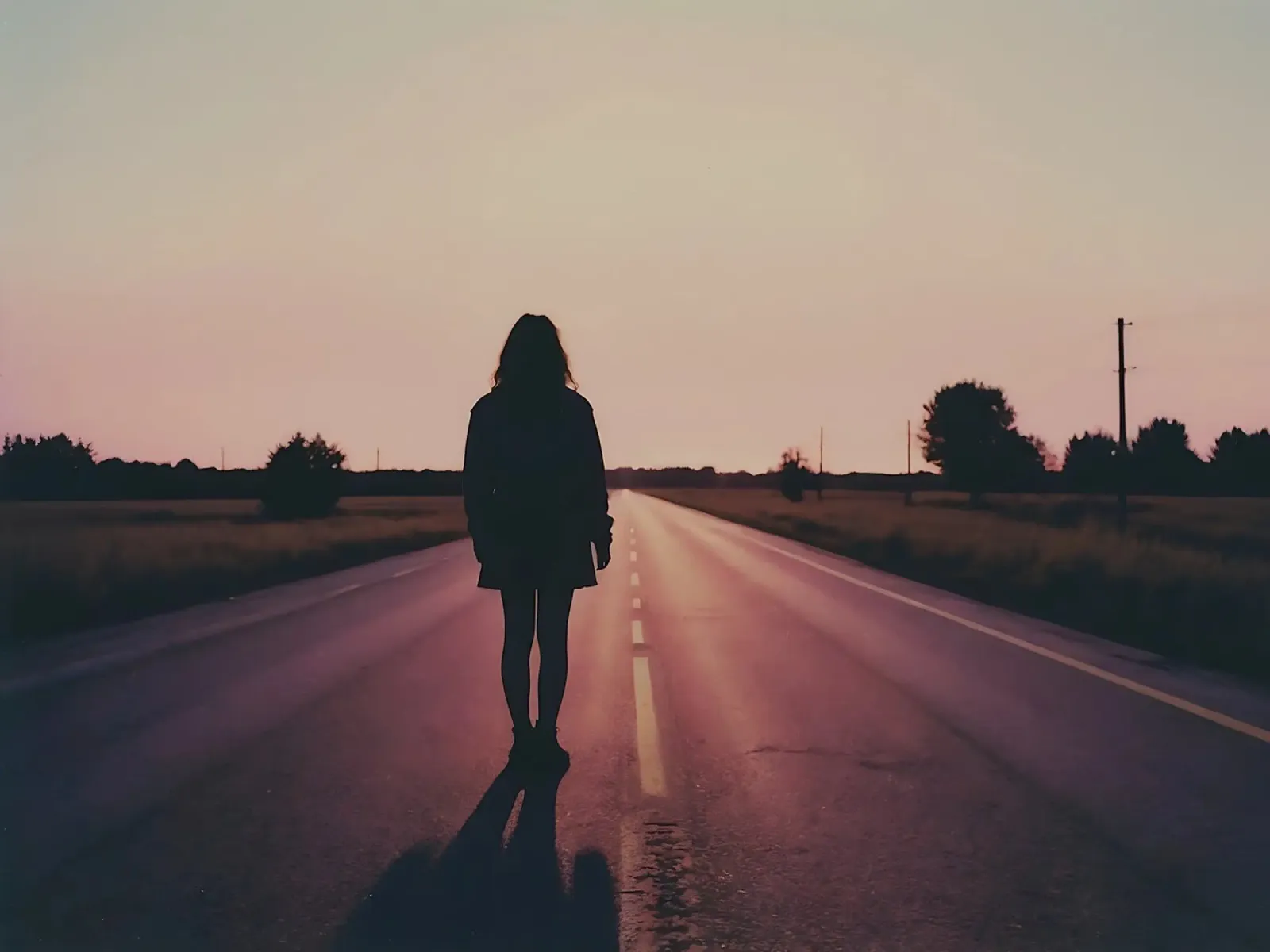 sagoma di una ragazza in piedi in una strada vuota pellicola backlit da serinae