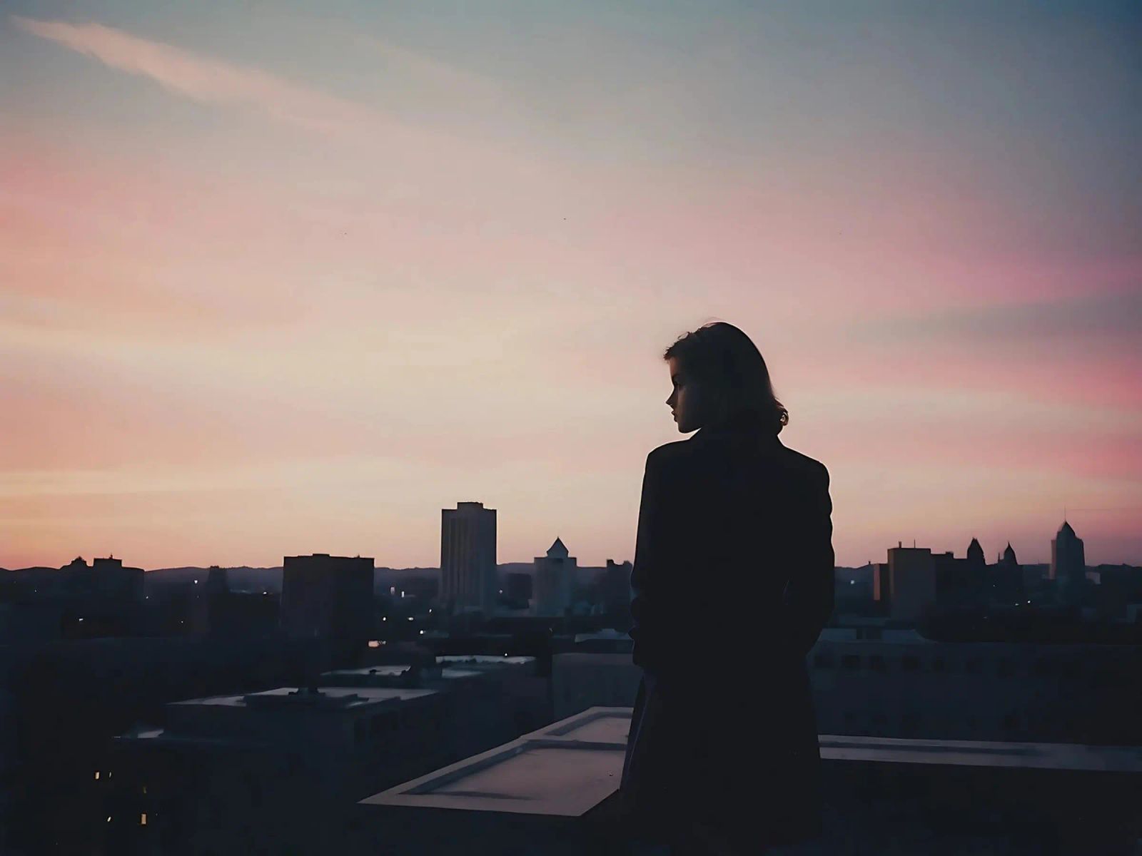 silhouette di una ragazza in piedi su un tetto della città pellicola backlit da serinae
