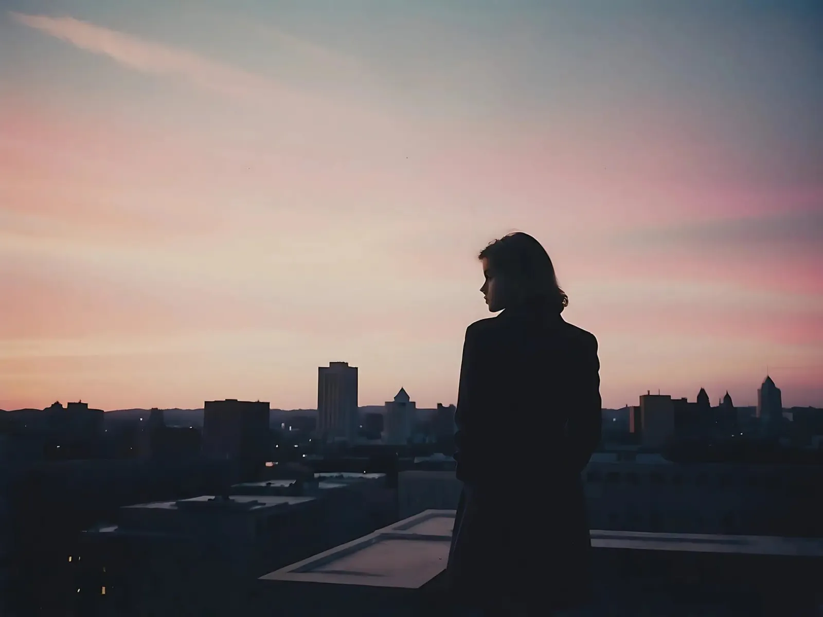 silhouette di una ragazza in piedi su un tetto della città plexiglass da serinae