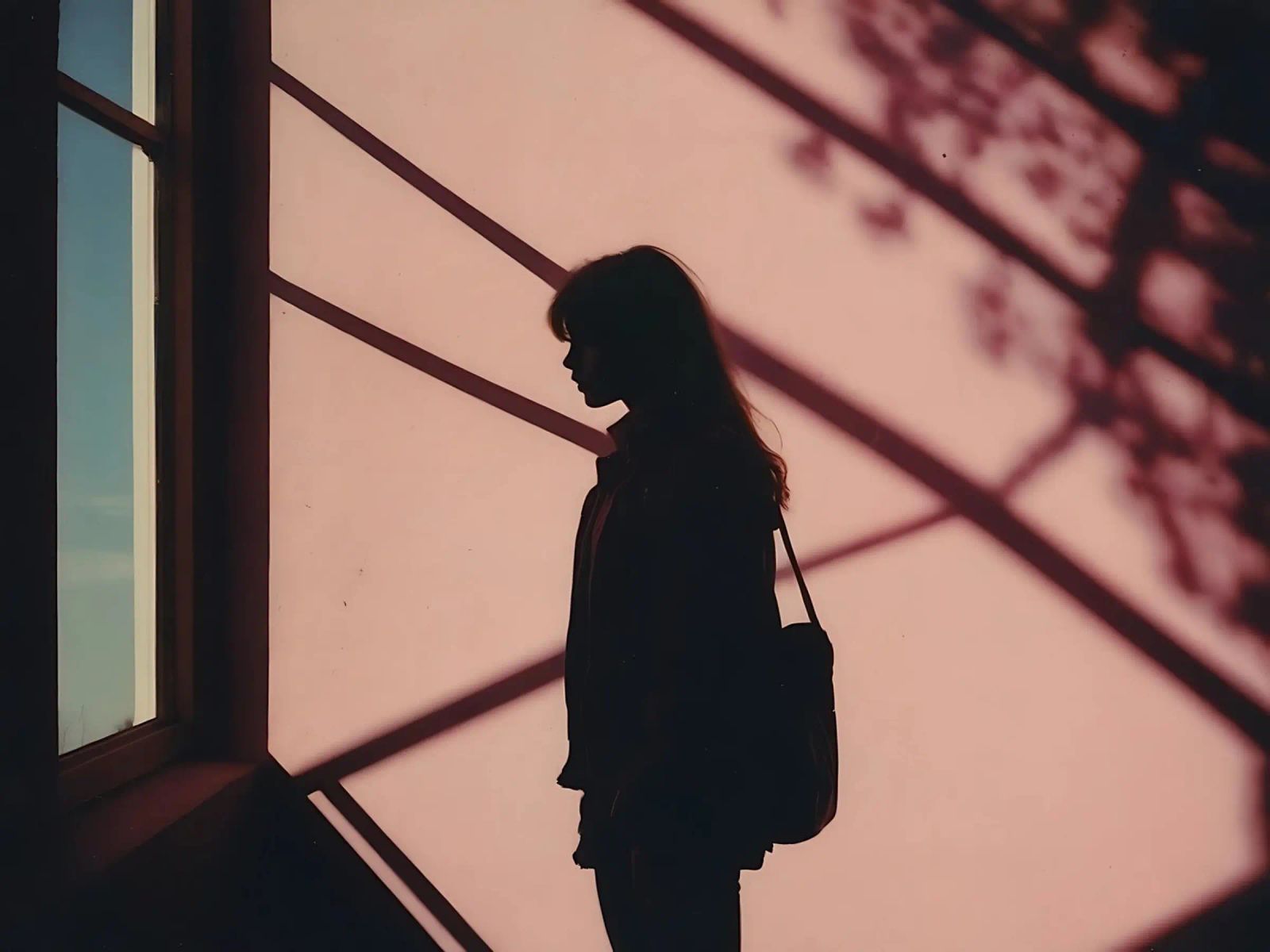 sagoma di una ragazza in piedi all'interno di un edificio pellicola backlit da serinae
