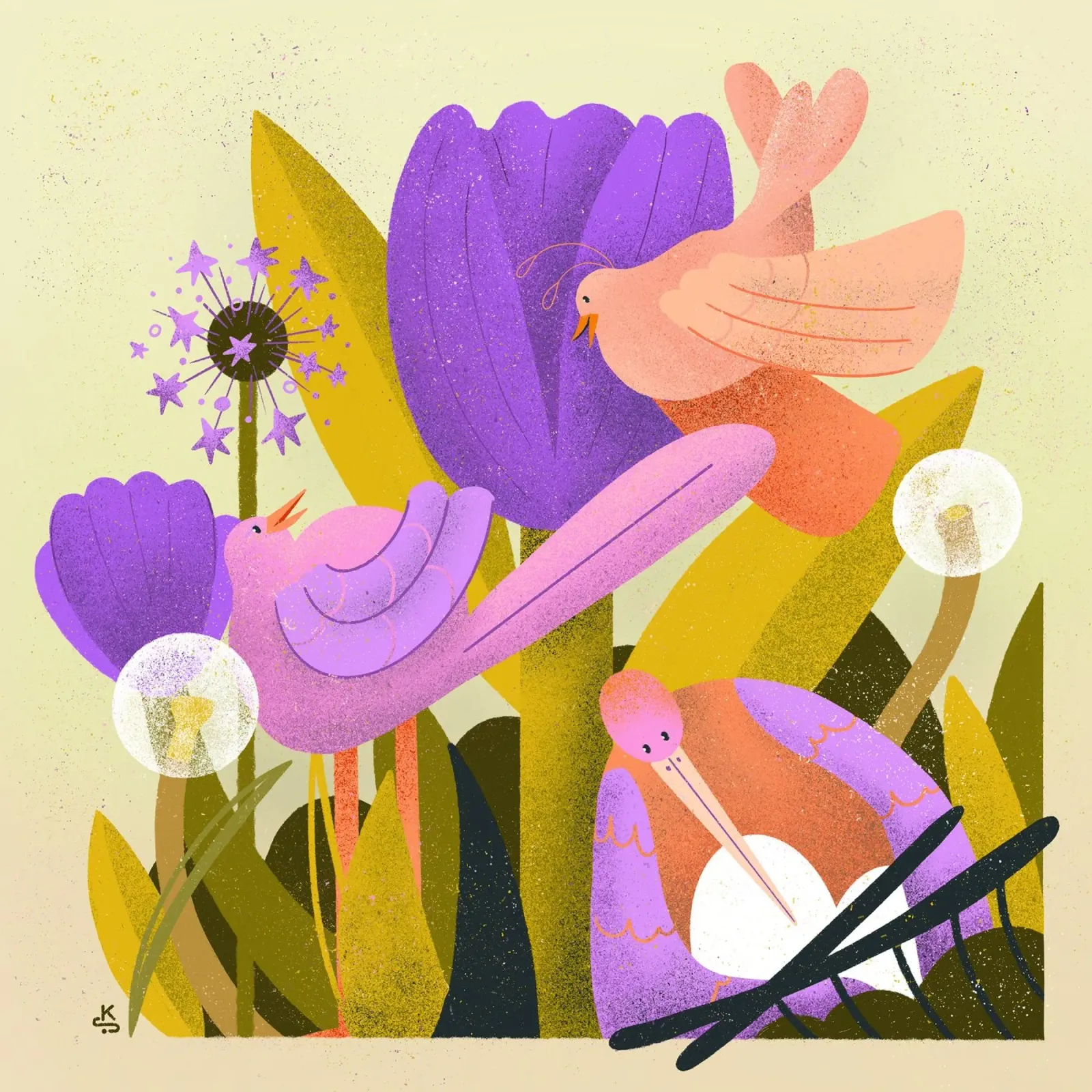 Cheerful birds with spring flowers in the garden poster with aluminum frame by Bold & Beautiful