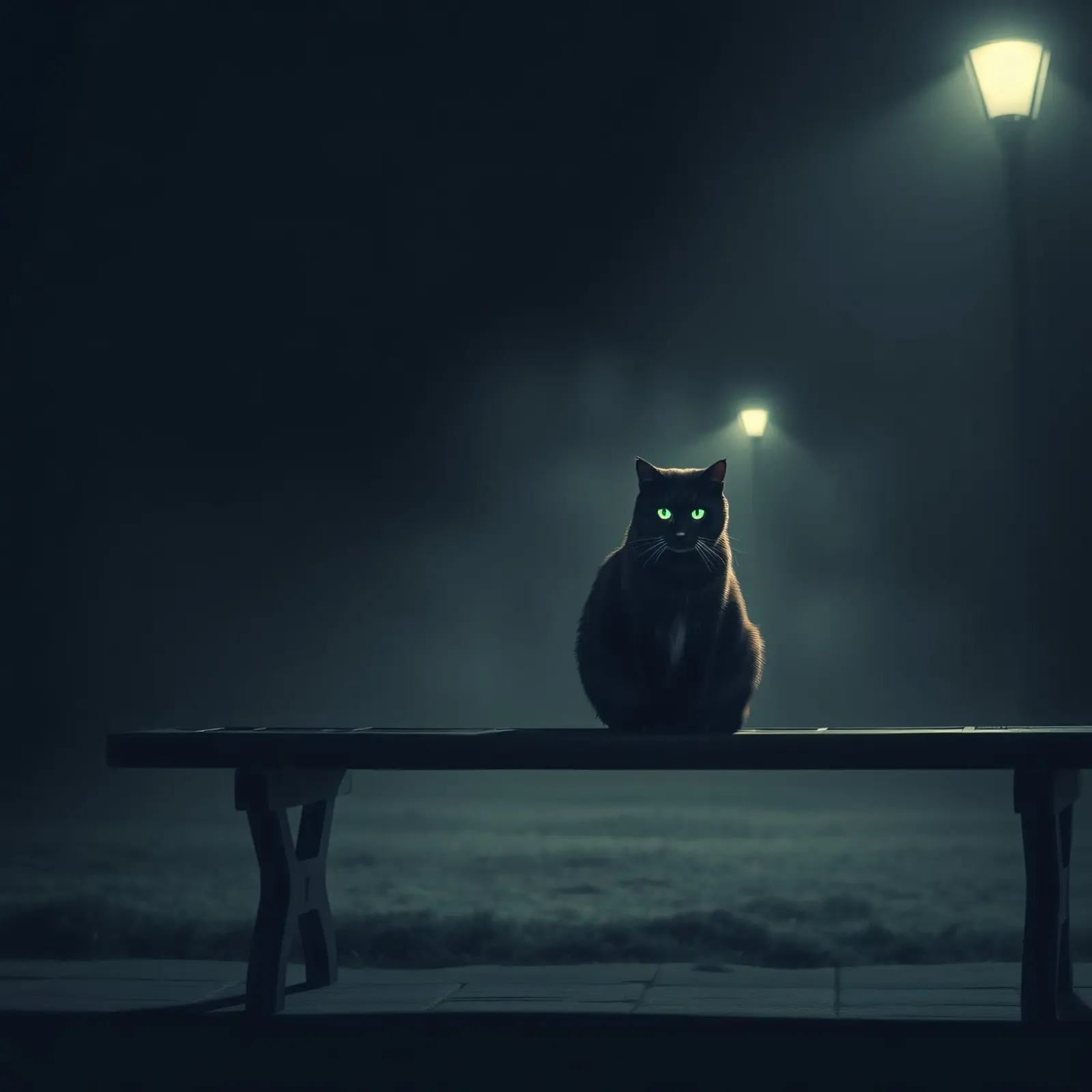 gatto con occhi luminosi siede su una panchina sotto la luce fioca della strada poster da DesignDoodle