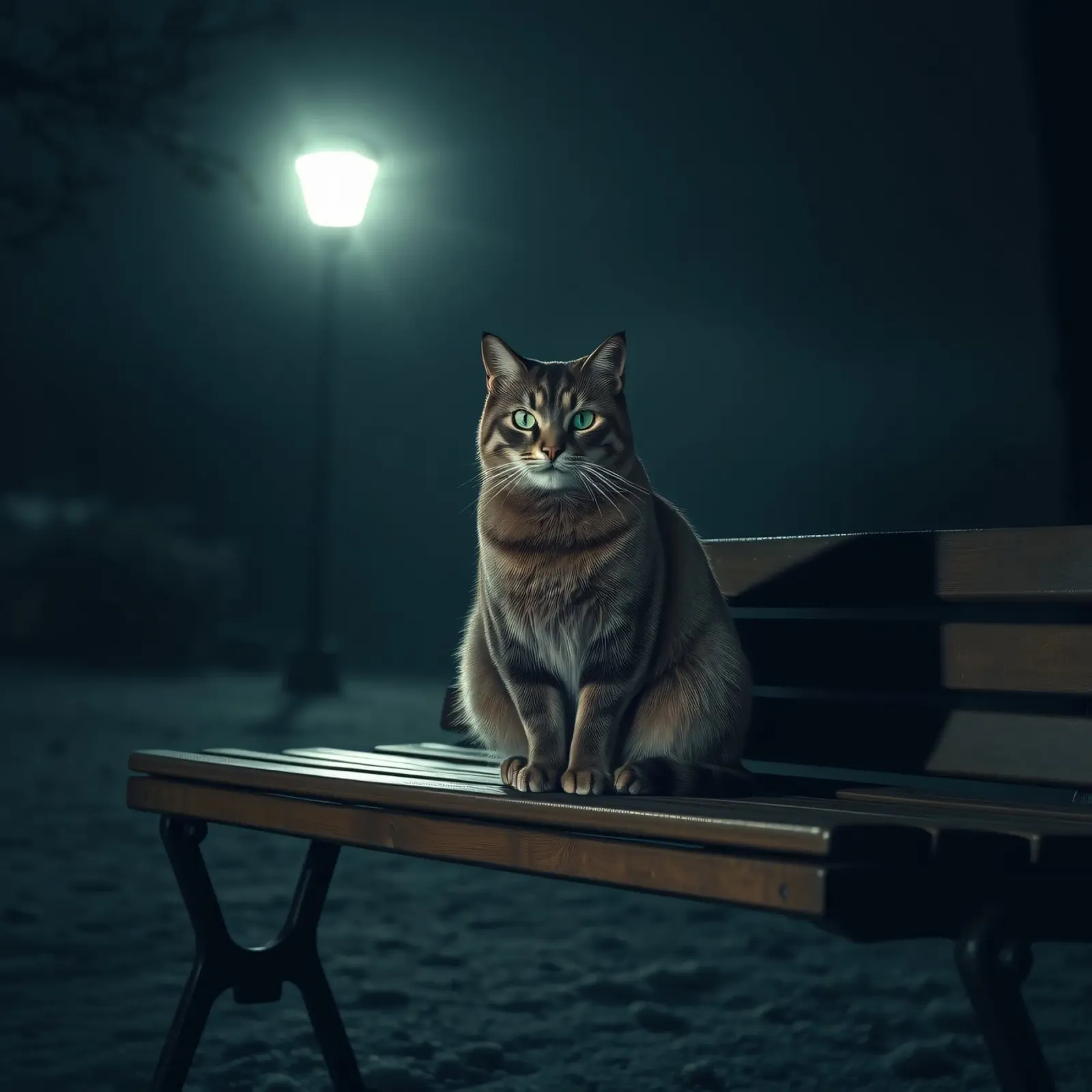 gatto seduto tranquillamente su una panchina del parco illuminata da un lampione poster da DesignDoodle