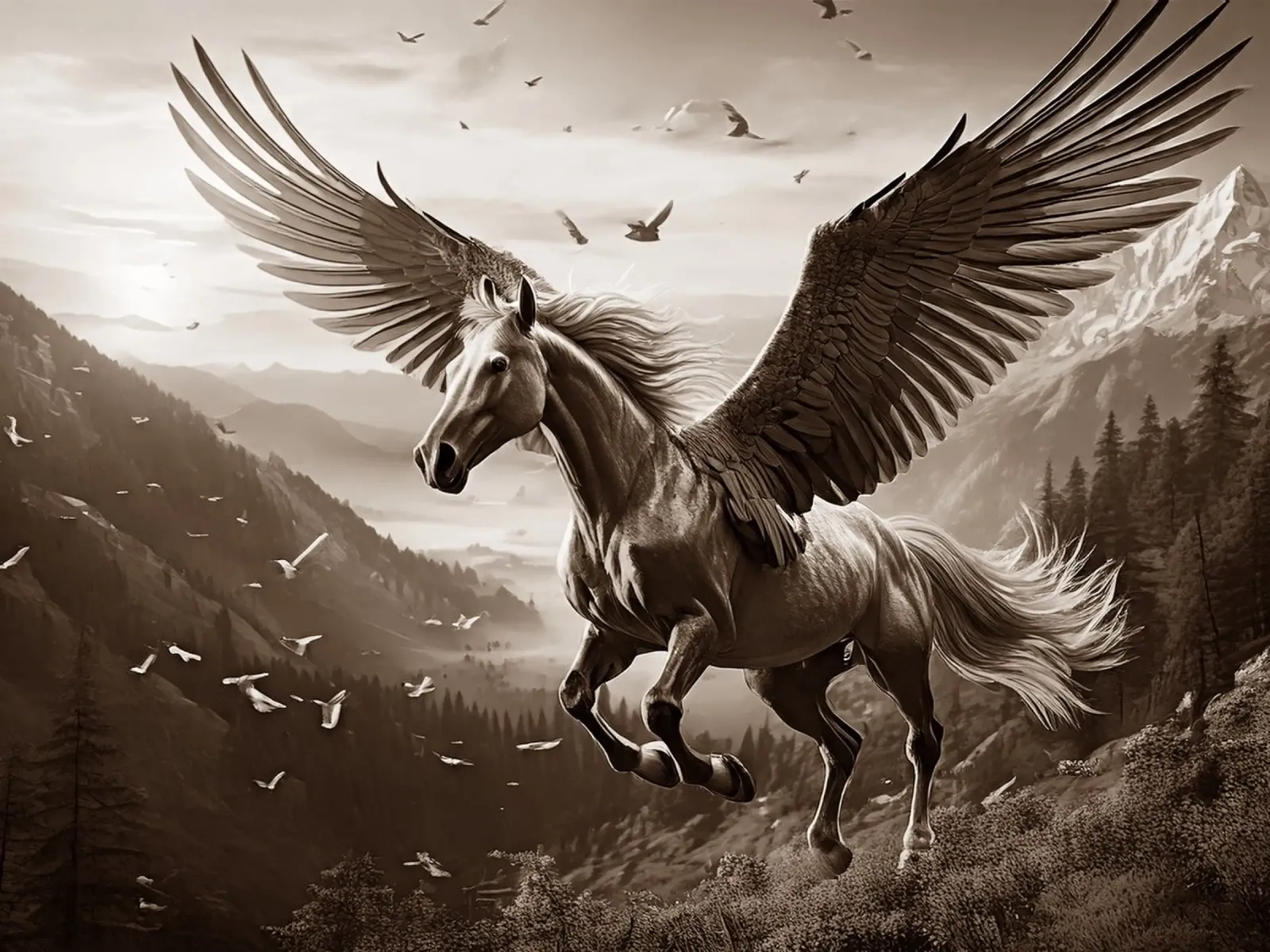 CHEVAL AILE 2. Sépia poster con telaio in alluminio da Thierry vobmann photography