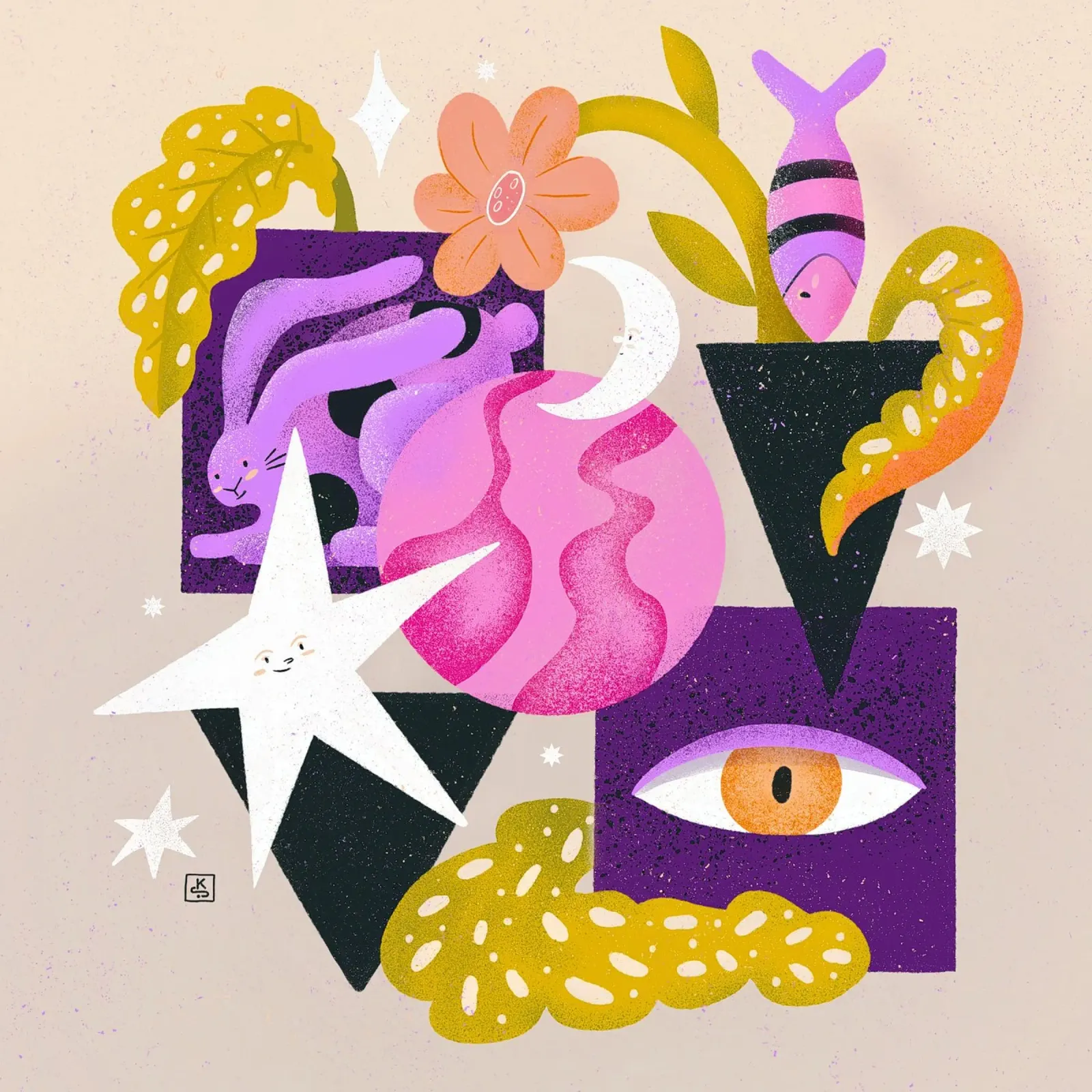 Bodegón con liebre, hojas, pez, ojo, estrellas y luna hahnemühle de Bold & Beautiful
