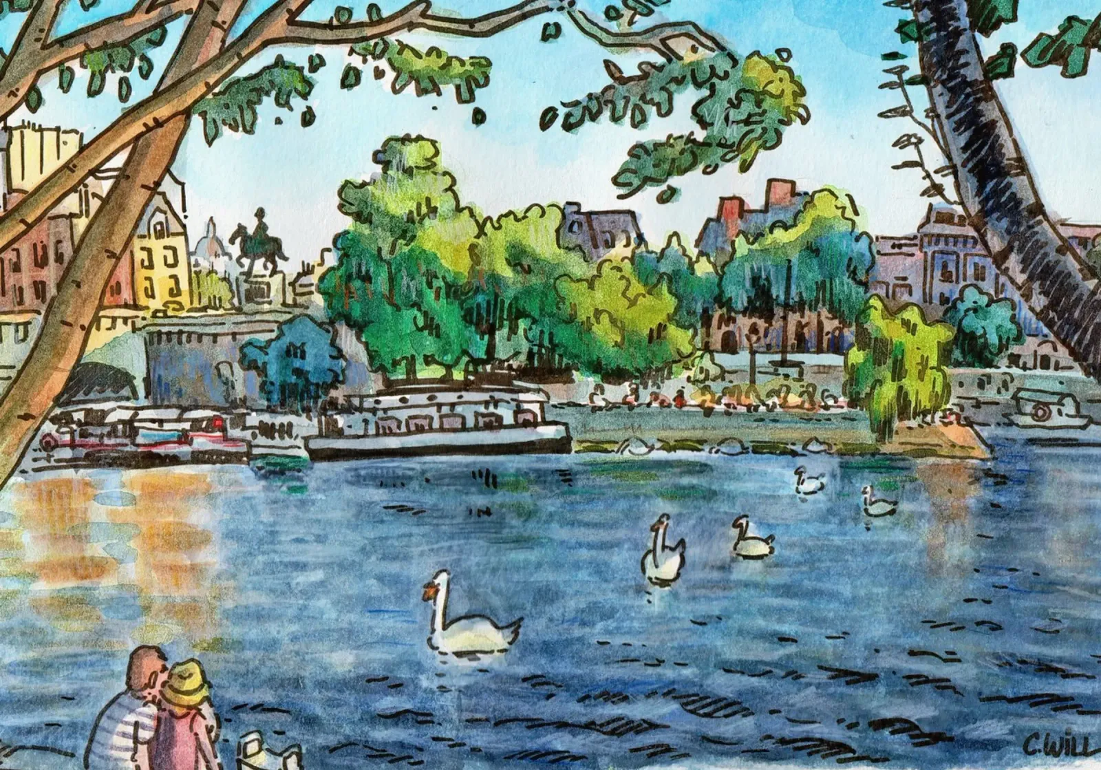 I cigni del Pont Neuf, Parigi poster con telaio in alluminio da C.WILL