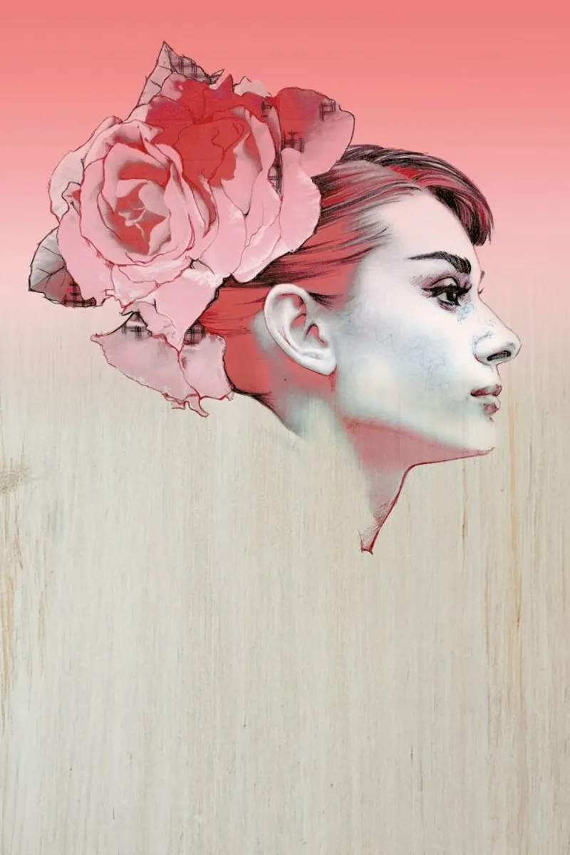 Illustrazione collage di Audrey Hepburn poster con telaio in alluminio da Susana Miranda ilustracion