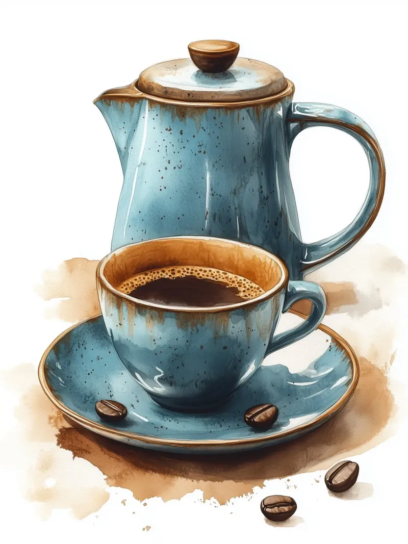 Blue mug and coffee pot poster by Spice & Style