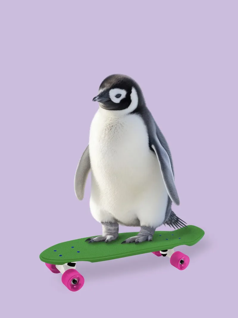Schlittschuh-Pinguin Poster mit Aluminium Rahmen von Dagmar Pels
