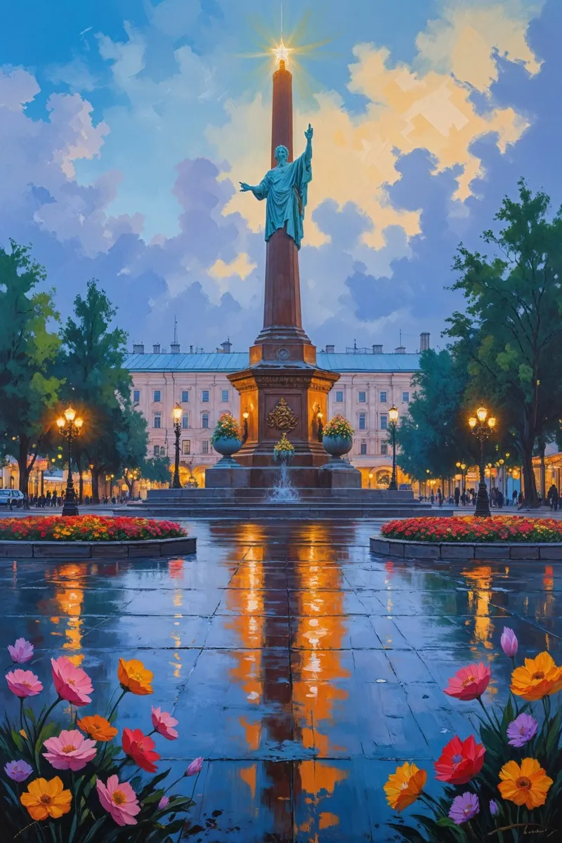 Evening Harmony at Kyiv's Independence Square poster con telaio in alluminio da AlbertKlee
