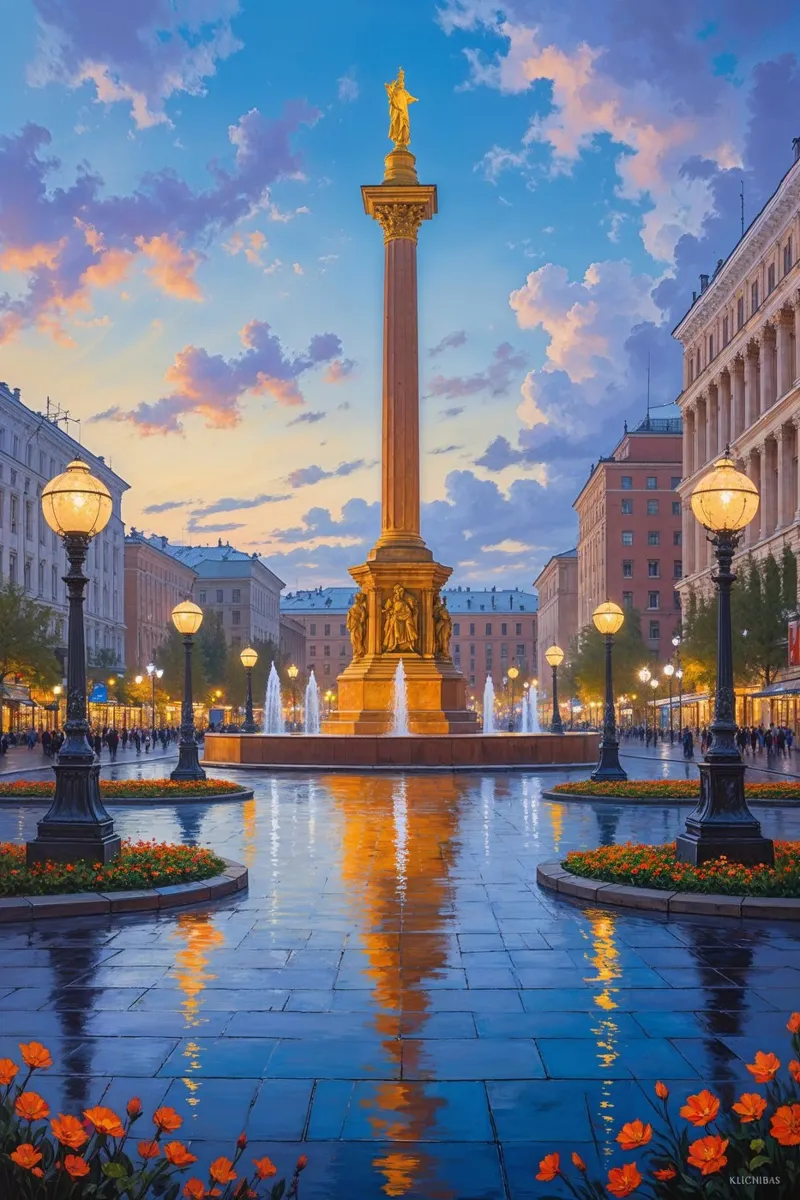 Golden Twilight at Kyiv's Independence Square poster con telaio in alluminio da AlbertKlee