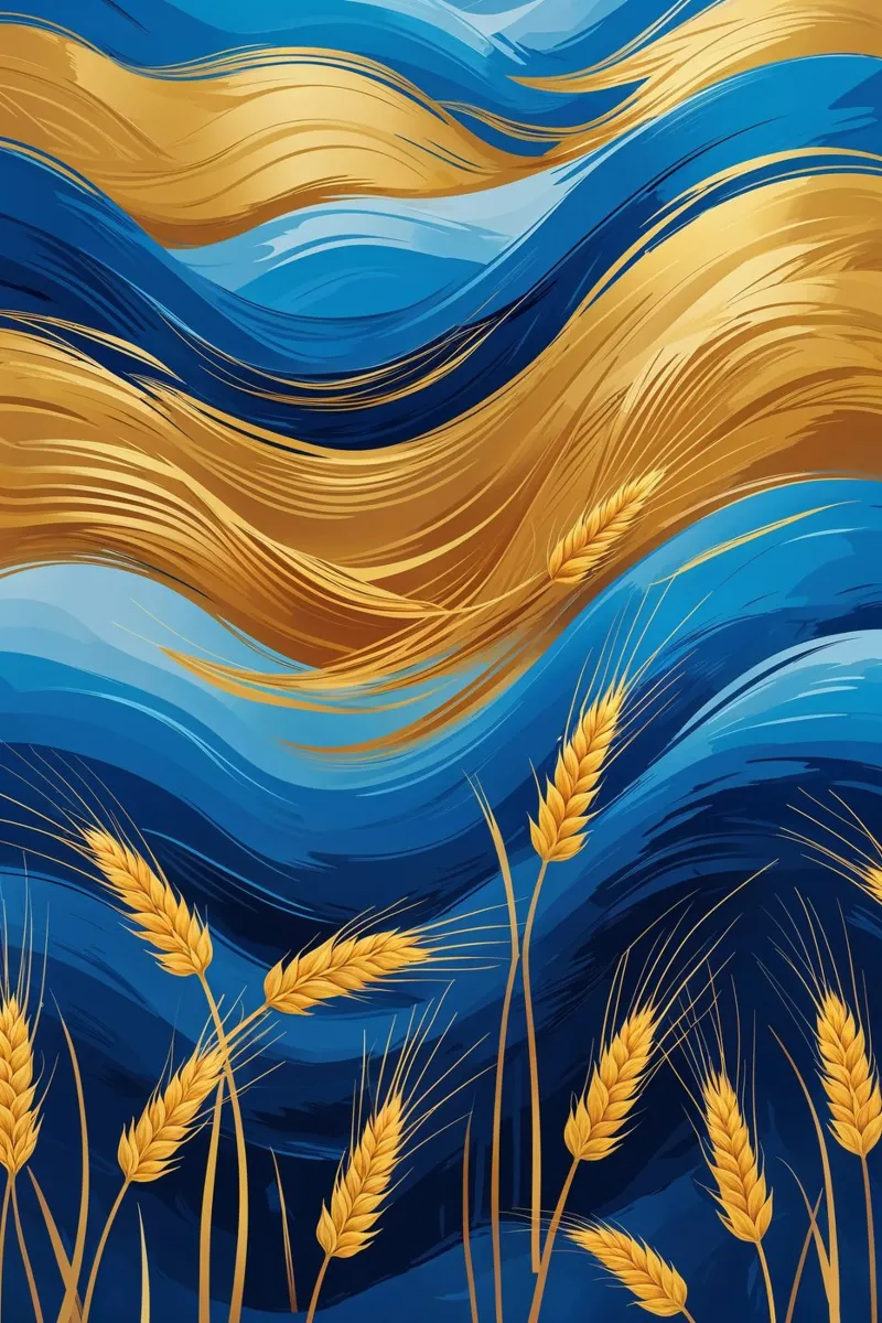 Harmony in Golden Wheat and Vibrant Blue Waves poster da AlbertKlee