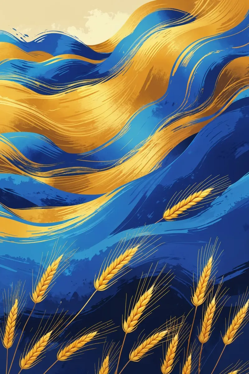 Dynamic Blue and Gold Wheat Landscape poster con telaio in plastica da AlbertKlee