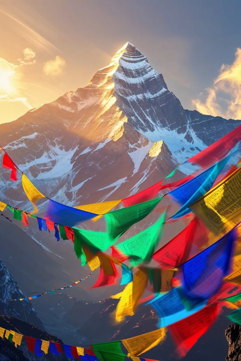 Himalayan Majesty with Flowing Prayer Flags poster con telaio in alluminio da AlbertKlee