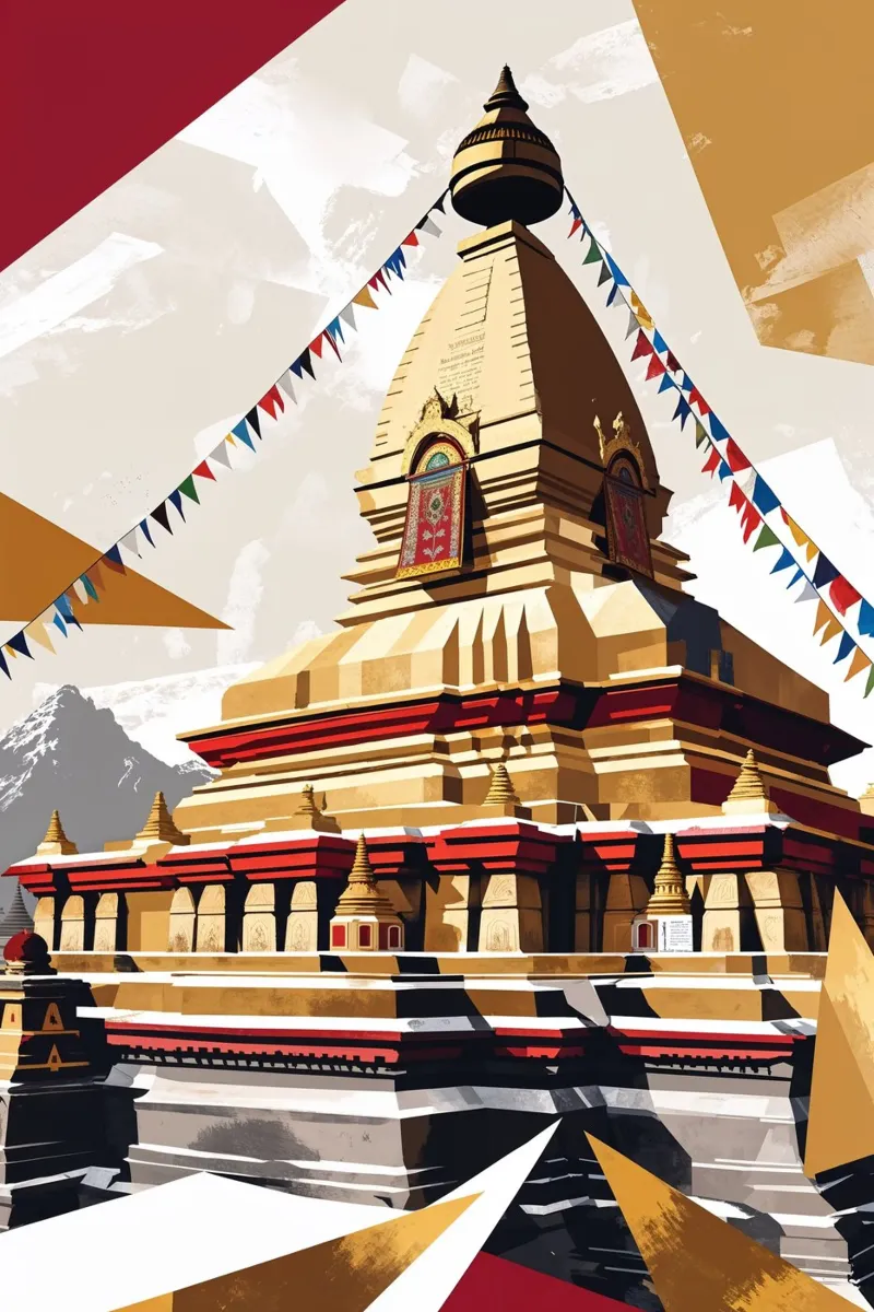 Golden Geometric Stupa with Vibrant Flags hahnemühle de AlbertKlee