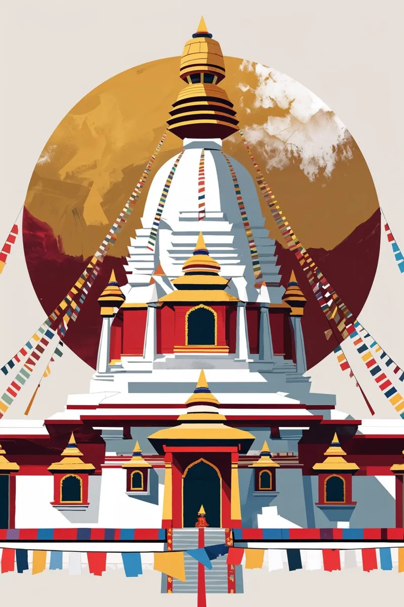 Abstract Nepalese Stupa Amid Prayer Flags poster con telaio in alluminio da AlbertKlee