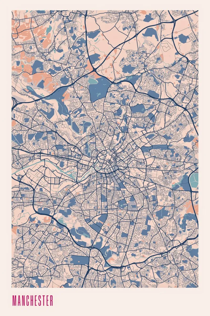 Manchester in blu poster con telaio in alluminio da MOOODZART