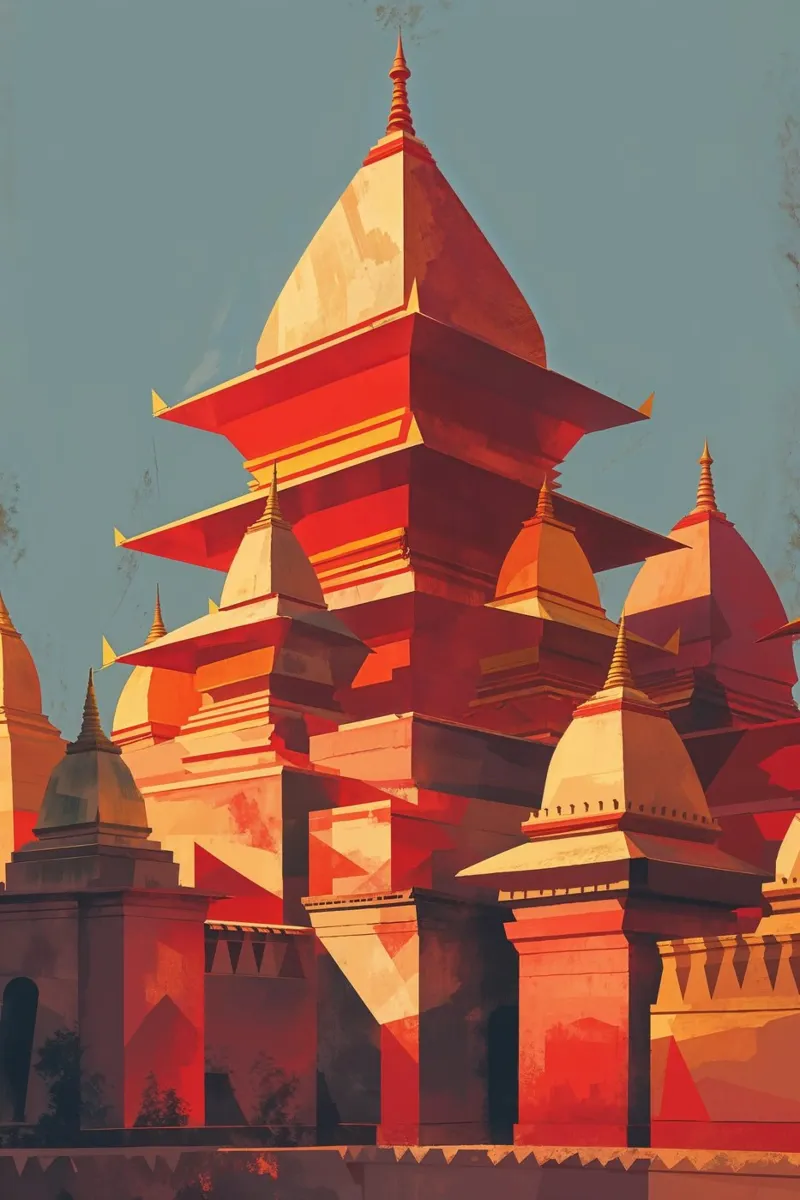Abstract Tribute to Kathmandu’s Timeless Temples poster con telaio in alluminio da AlbertKlee