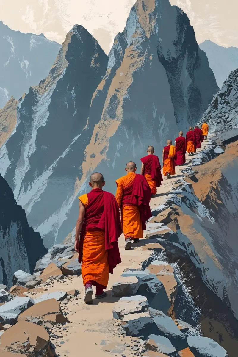 Nepalese Monks Traversing the Himalayan Path poster con telaio in alluminio da AlbertKlee