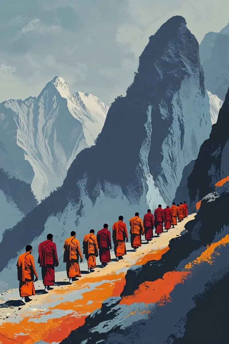 Himalayan Monks in Contemplative Ascent poster con telaio in alluminio da AlbertKlee