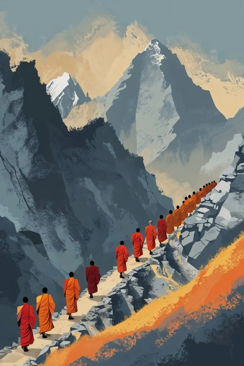 Monastic Trek Amid the Himalayan Peaks poster con telaio in plastica da AlbertKlee