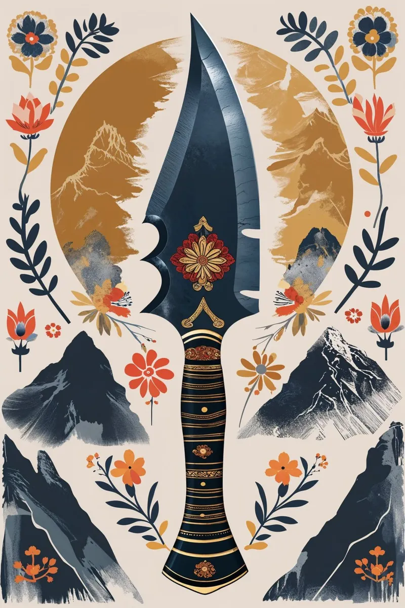 Traditional Nepalese Art: Khukuri and Mountains poster con telaio in plastica da AlbertKlee
