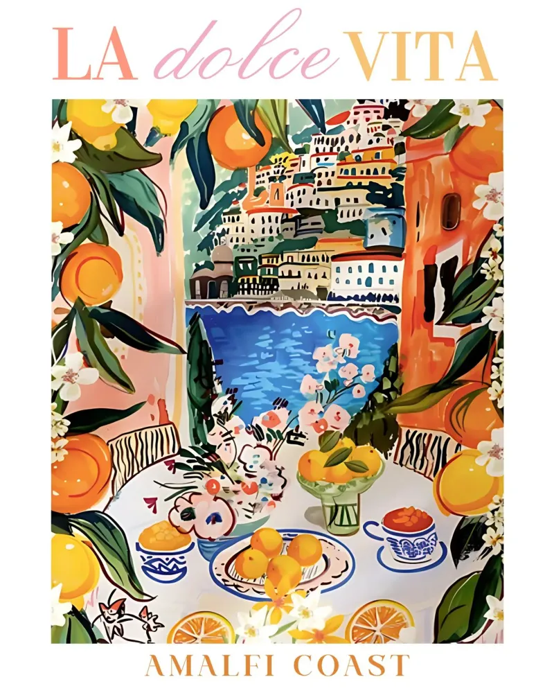 Italië Muurkunst, Amalfikust, aquarel kleurrijke print canvas met Baklijst van Bella Studio