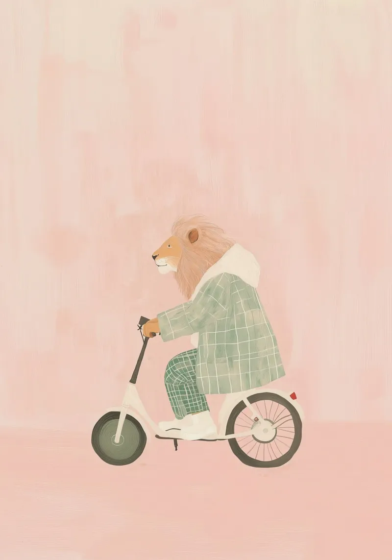 Fietsen met leeuw, leuke kinderprint voor babykamer, grappige leeuwenprint poster met kunststof frame van Little Lola