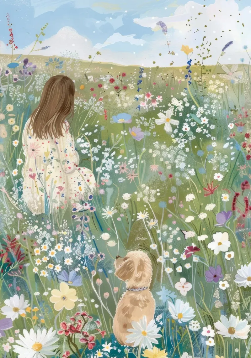 Impression fantaisiste avec un chien dans un champ de fleurs, impression de paysage poster avec cadre en aluminium de ArtHaus
