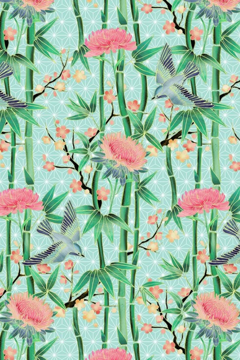 Bamboo Birds and Blossom Mint poster con telaio in alluminio da Micklyn Le Feuvre