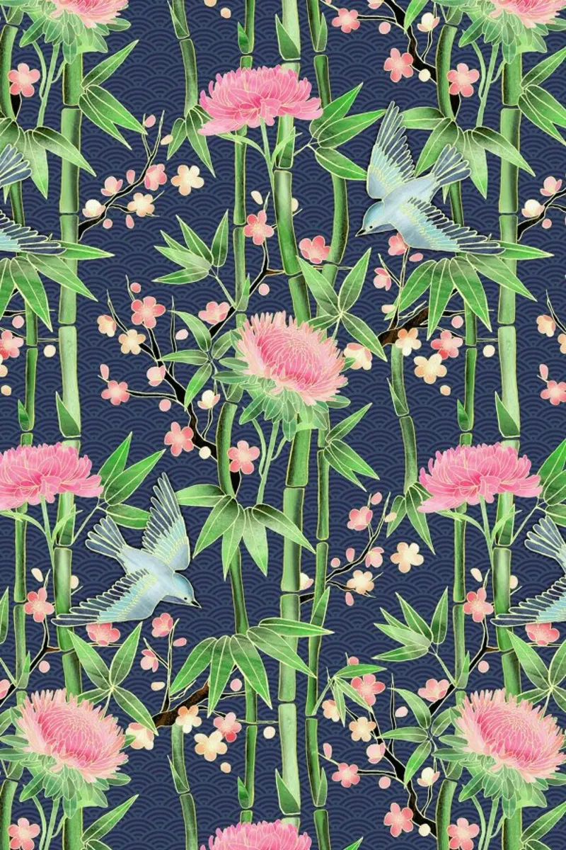 Bamboo Birds and Blossom Teal poster con marco de aluminio de Micklyn Le Feuvre