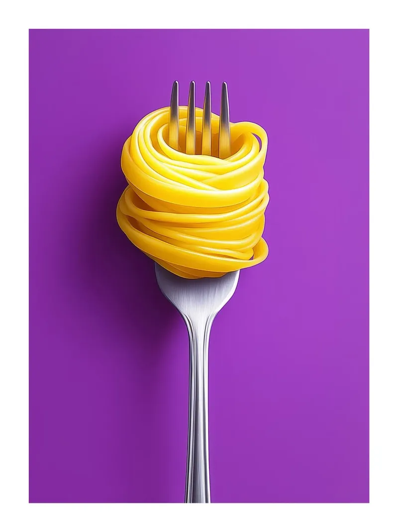 Fork and spaghetti on purple background canvas with Floater frame by Spice & Style