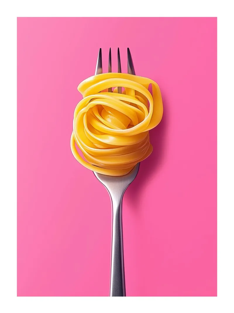 Fork and spaghetti on a pink background canvas with Floater frame by Spice & Style