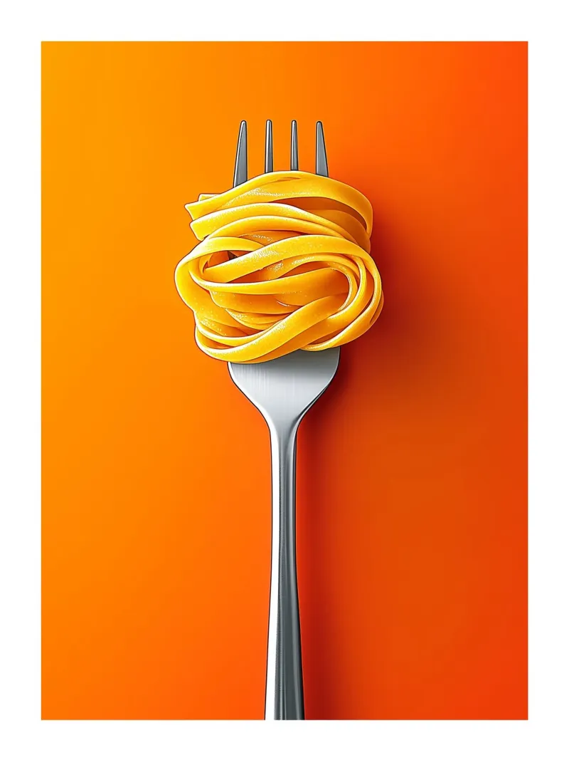 Forchetta e tagliatelle su sfondo arancione poster con telaio in plastica da Spice & Style