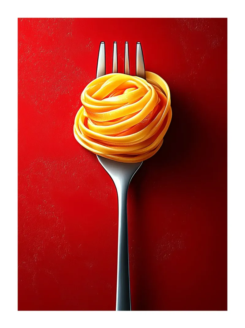 Forchetta e tagliatelle su sfondo rosso poster con telaio in plastica da Spice & Style