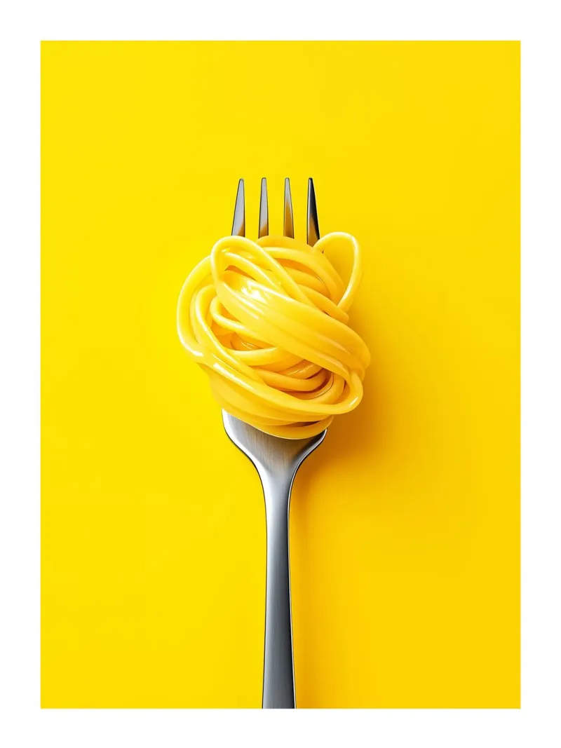 Fork and spaghetti on a yellow background canvas with Floater frame by Spice & Style