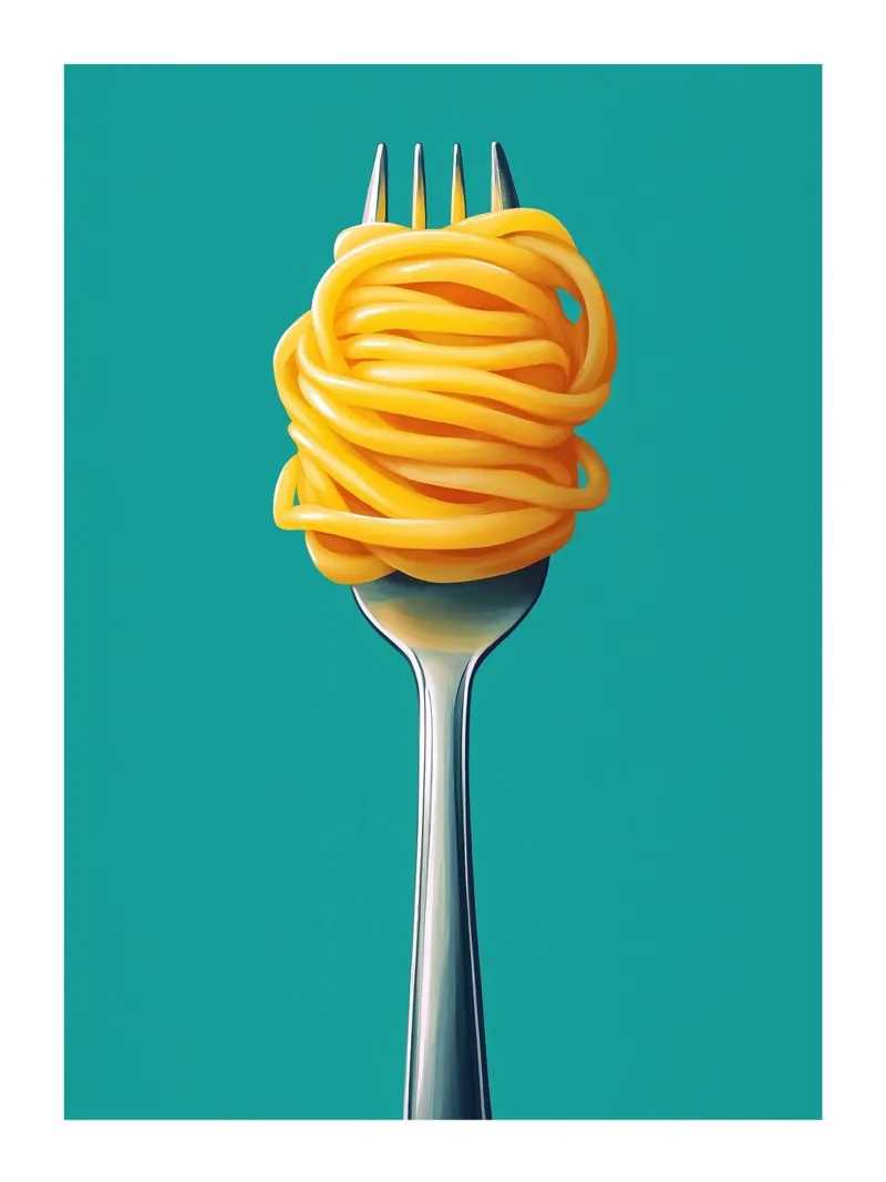 Fork and spaghetti on a turquoise background canvas with Floater frame by Spice & Style
