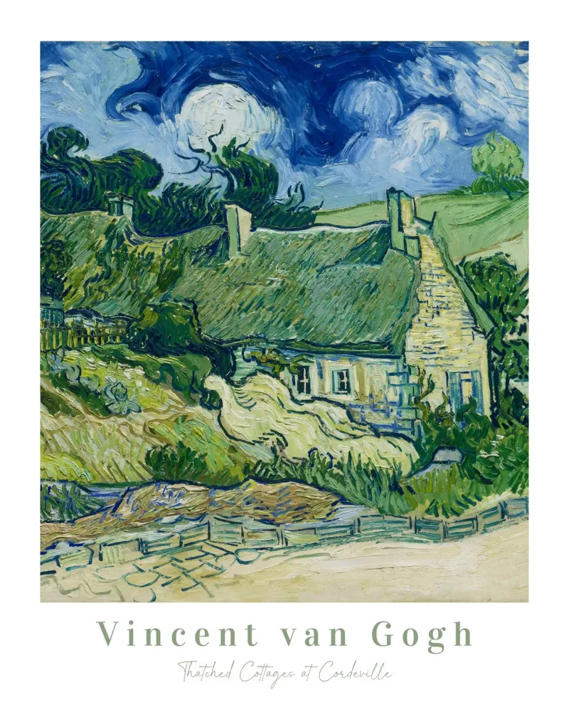 Vincent Van Gogh Cabañas con techo de paja en Cordeville, Verde Azul poster con marco de aluminio de ArtHaus