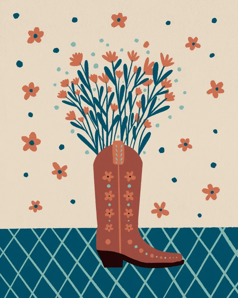 Bota vaquera con flores - moca y cerceta poster con marco de madera de Wackapacka