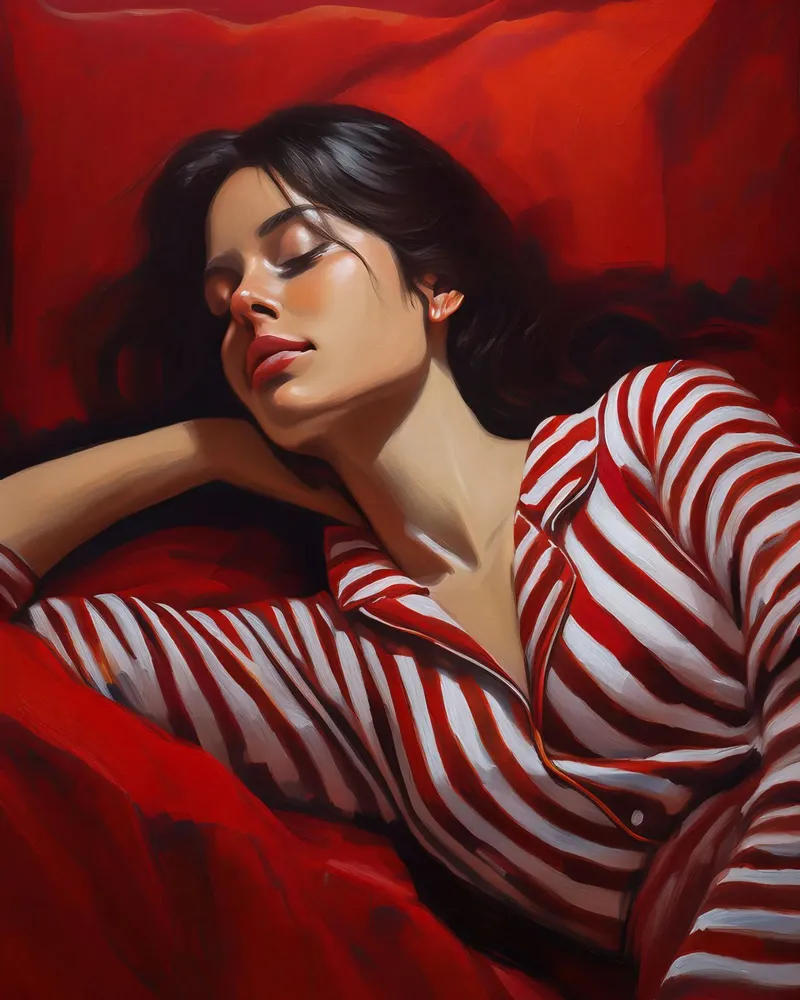 Ritratto di donna addormentata con pigiama rosso bianco pellicola backlit da Take Your Art BV